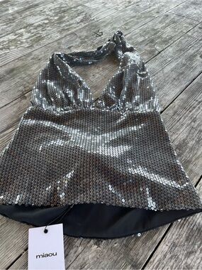 Miaou Silver black Sequin Halter Top, NEW WITH TAGS SZ SM